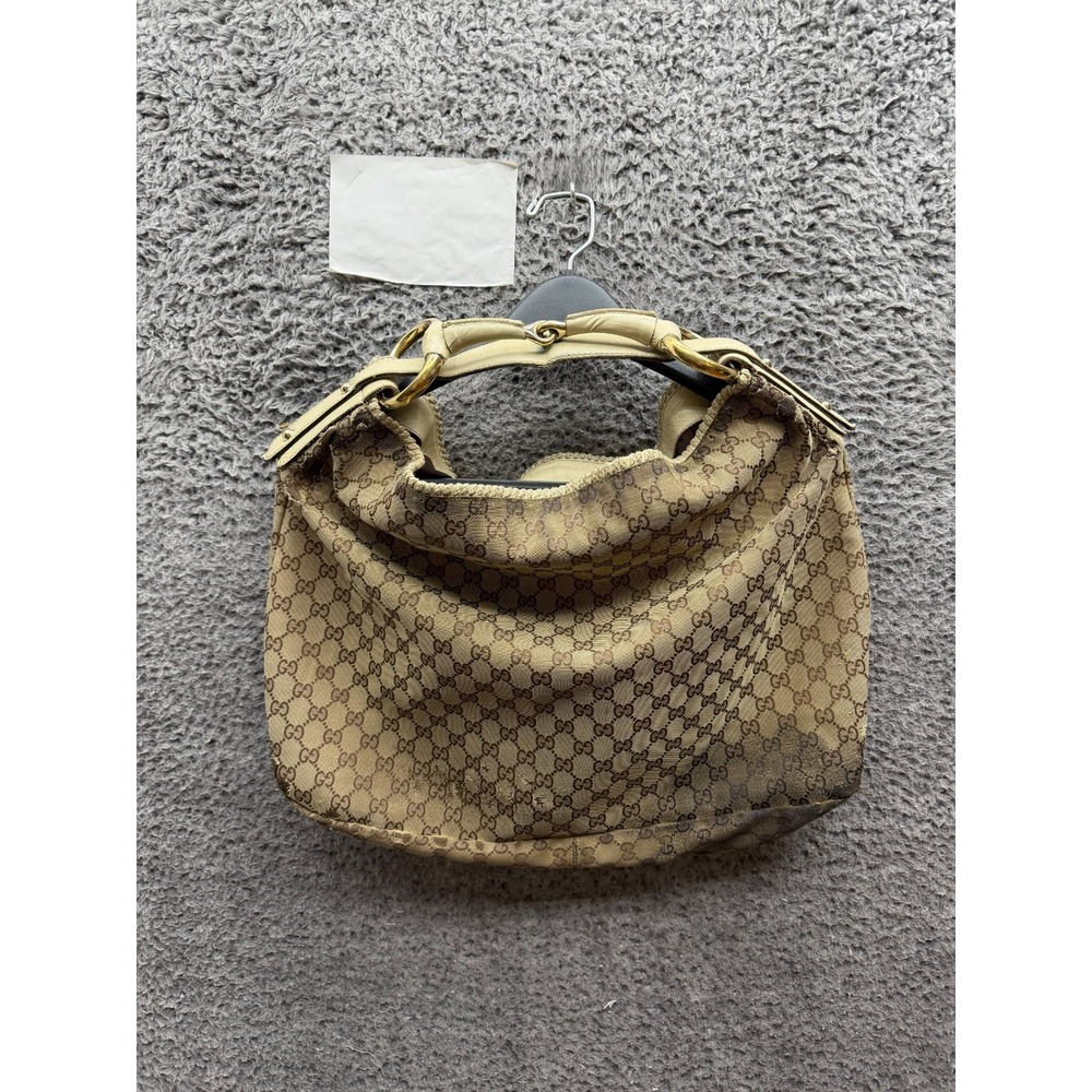 Gucci GG Women's Monogram Canvas Large Horsebit Hobo Shoulder Bag Beige